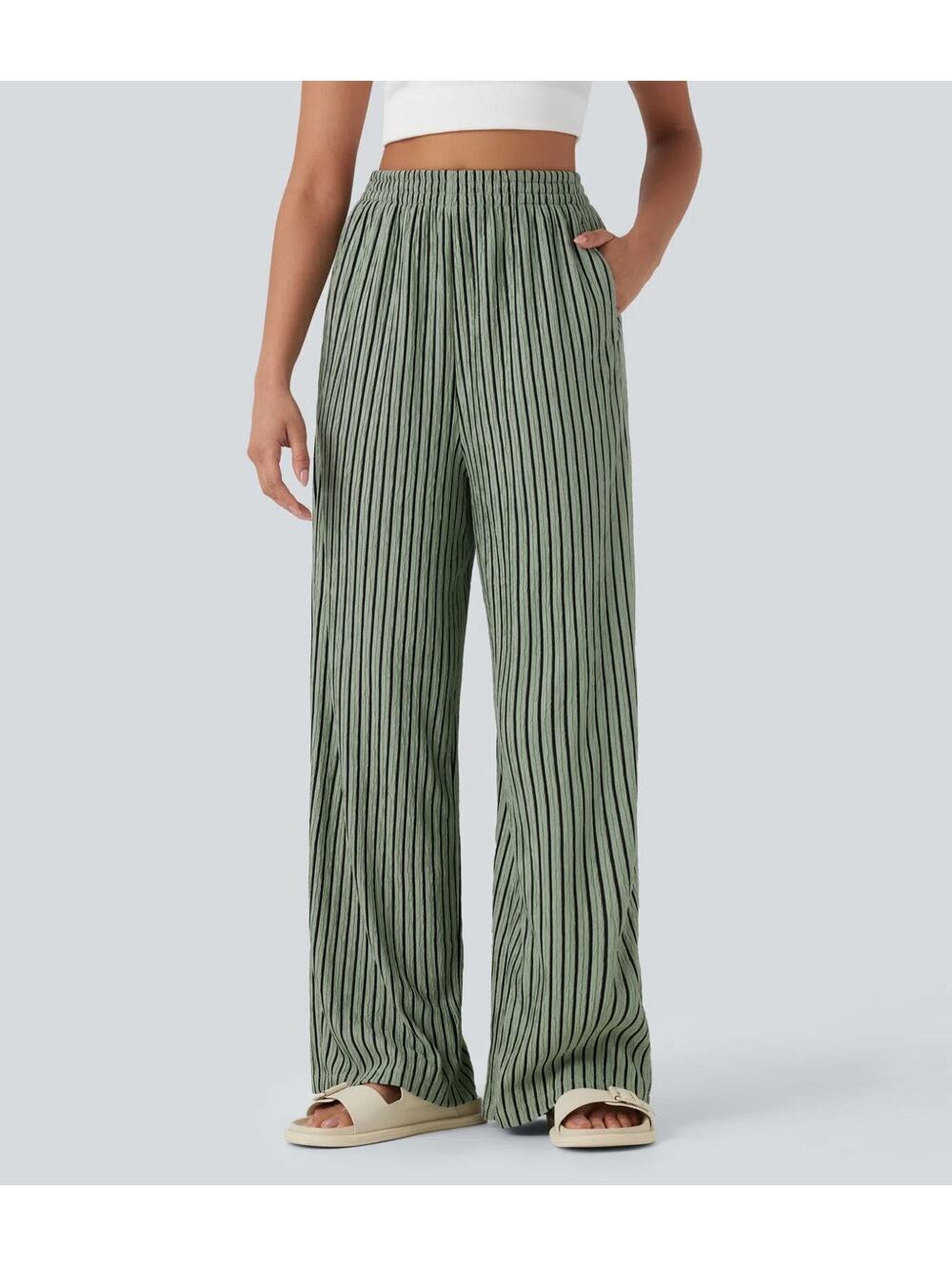 Halara High Waisted Straight Leg Crinkle Casual Pants Green Black Stripes Size M - Picture 1 of 8